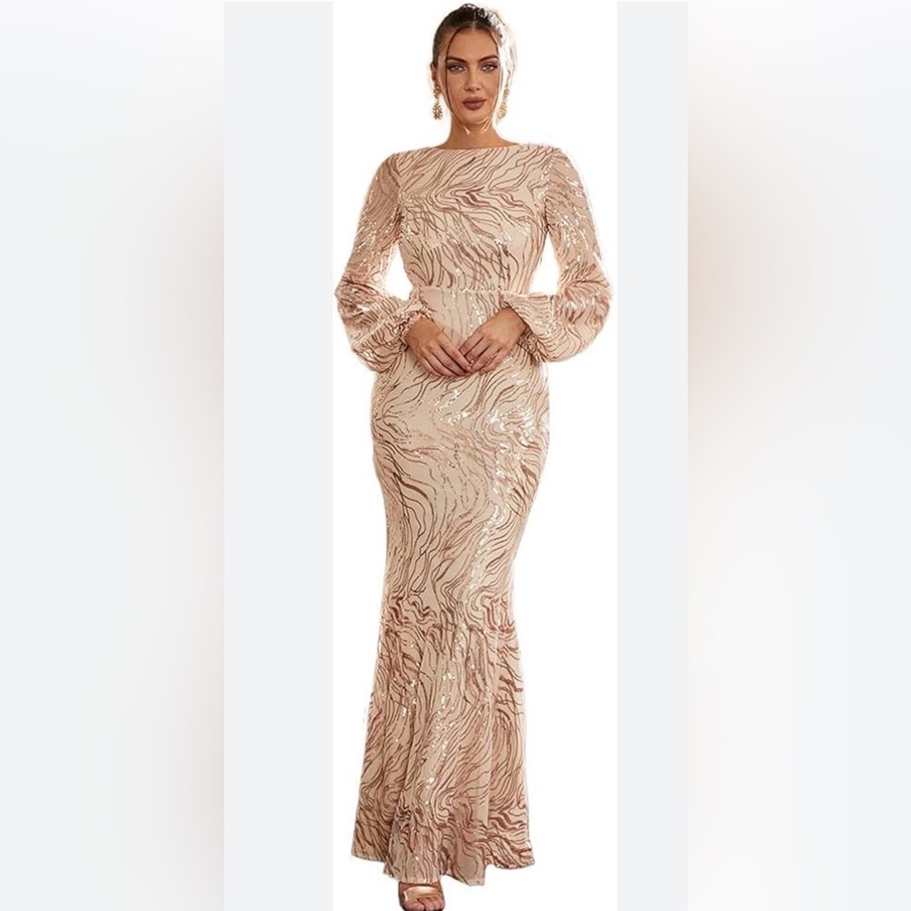 Blush Sequin prom Maxi Dress with Long Sleeves